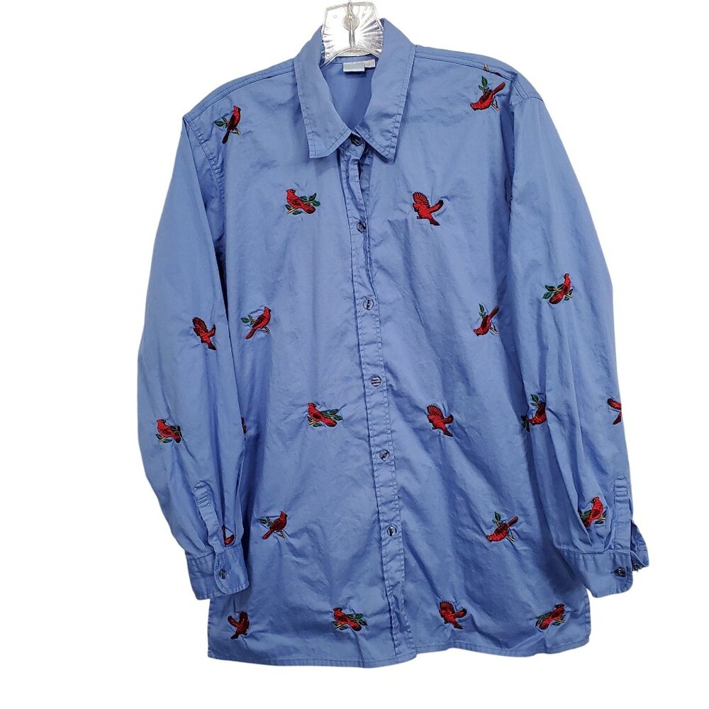 Casey Coleman L Shirt Embroidered Cardinal Bird Long Sleeve 100% Cotton Casual - Picture 2 of 11